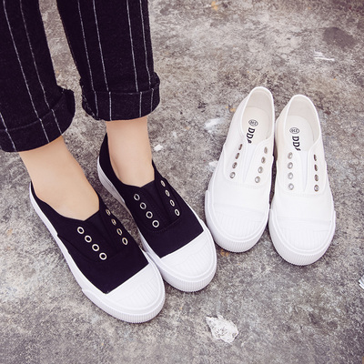韩国小白鞋黑白色帆布鞋女韩版懒人鞋学生布鞋厚底乐福鞋休闲板鞋