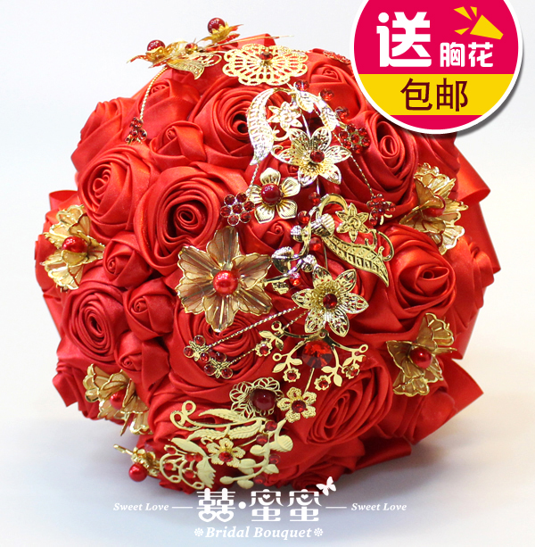 中式手捧花 中国风大红色闪金装饰品手工玫瑰新娘手捧花 包邮|ruв категории доставка цветов/цветок моделирования/растения садоводства, свадебные цветы макет, невеста букеты - от Buy2taobao.com для оказания профессиональной услуги покупки агента Taobao