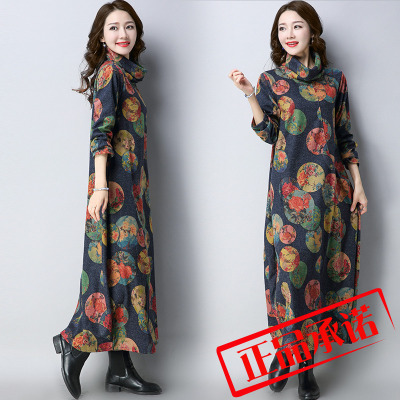 冬季新款女英伦气质宽松大码高领呢子连衣裙显瘦遮肉减龄加绒加厚