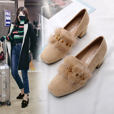 英伦风单鞋粗跟高跟社会兔毛豆豆鞋扣子女春2018新款百搭韩版学生