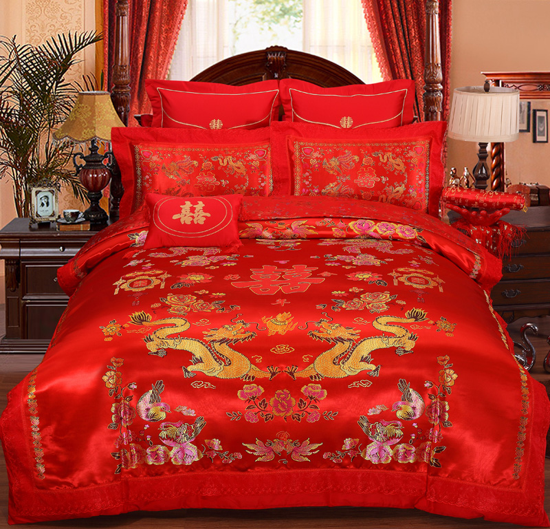 Wedding celebration Four piece suit Cotton sheet Dragon Phoenix Double Happiness marry Embroidery Satin gules Quilt cover pure cotton beddingin the Bedclothes , Bedding Sets/Family of four/Multiple sets of category - from Buy2taobao.com to provide professional Taobao agent buy service