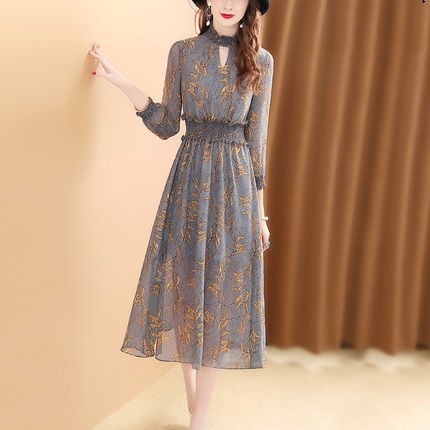 2019 spring clothes new pattern France Waist Chiffon Dress Retro temperament Print dressin the Women's clothing/Boutique , Wool sweater category - from Buy2taobao.com to provide professional Taobao agent buy service
