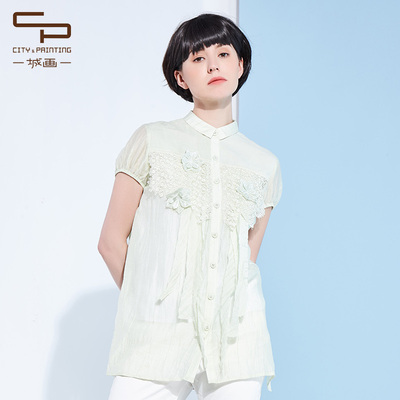 一城画一夏季文艺范清新衬衫蕾丝花饰娃娃领短袖衬衫微透上衣