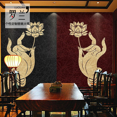中式禅意佛手莲花图墙纸佛寺庙堂茶社茶室养生客厅禅意背景墙壁纸
