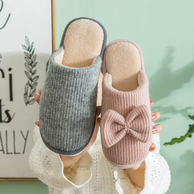 蝴蝶结棉拖鞋女冬季室内厚底防滑毛绒情侣宿舍家居家用韩版拖鞋男