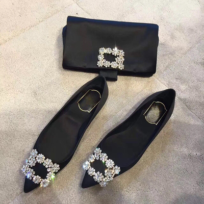 黑色平底鞋女单鞋尖头绸缎水钻2018春季新款女鞋淑女方钻红色婚鞋