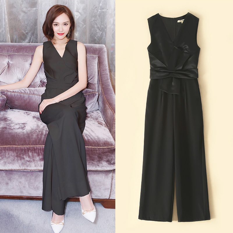 Star Tang Yan Same item 2019 Summer wear Europe and America temperament Show thin Waist black Sleeveless Broad leg Jumpsuitsin the Women's clothing/Boutique , Pants , Casual pants category - from Buy2taobao.com to provide professional Taobao agent buy service