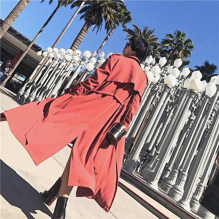 SH 欧美2017春季新款系带修身中长款风衣外套女砖红色超长款风衣