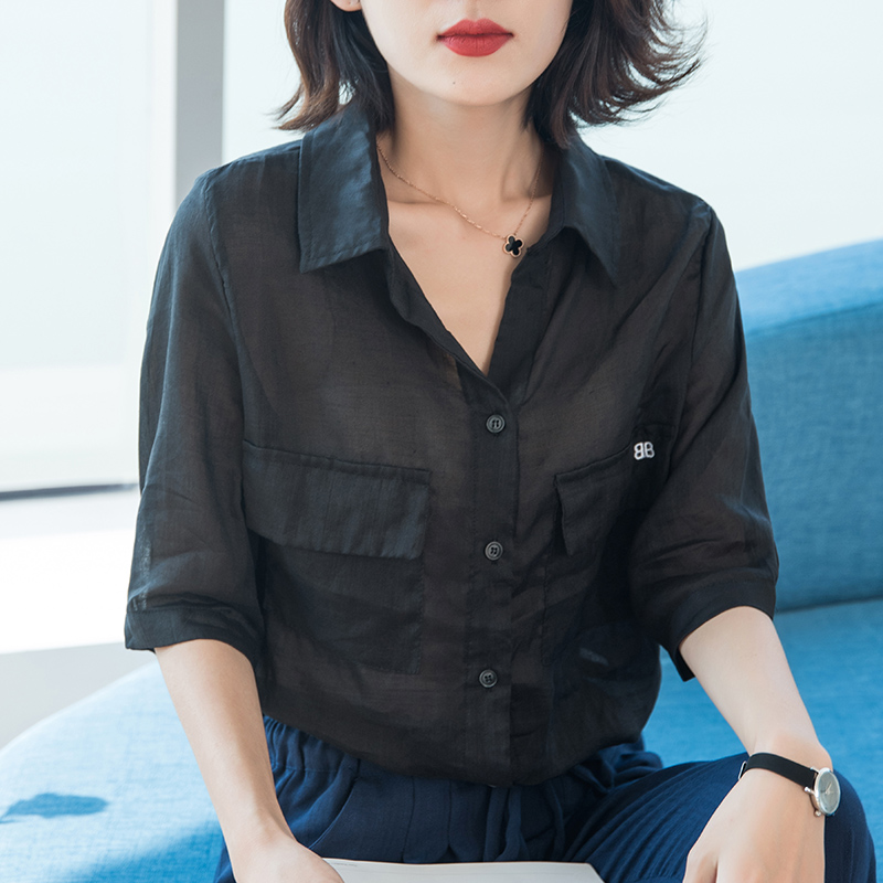 翻领五分袖苎麻衬衫女宽松2019新款夏季气质薄款亚麻棉麻麻料上衣在类目 女装/女士精品, 衬衫中 - 来自Buy2taobao.com提供专业的淘宝代购服务