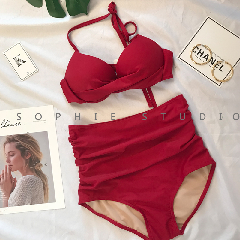 SOPHIE▲簡單基礎款紅色高腰性感比基尼 溫泉度假浮潛鋼圈泳衣在類目 運動/瑜伽/健身/球迷用品, 游泳, 比基尼中 - 來自Buy2taobao.com提供專業的淘寶代購服務