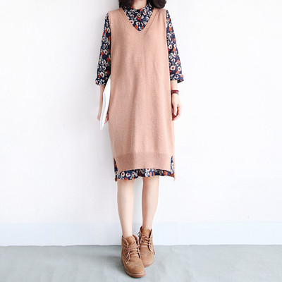 抢新秋冬新款韩版大V领套头宽松毛线背心开叉马夹中长款针织马甲