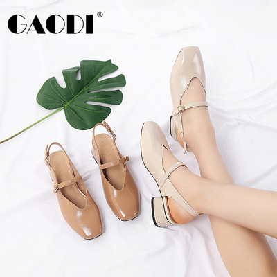 高蒂女鞋粗跟玛丽珍鞋夏季2018新款中后空方跟包头一字扣带凉鞋女
