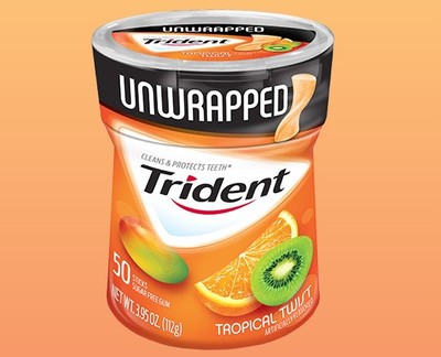 新产品美国原装trident unwrapped热带水果无糖木糖醇口香糖50粒 超