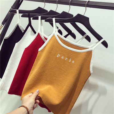 拼色针织刺绣字母吊带背心女2018新款夏装韩版外穿露肩短款上衣