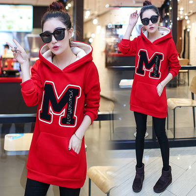 2016秋冬中长款加厚加绒连帽衫卫衣韩版潮学生字母修身长袖外套女