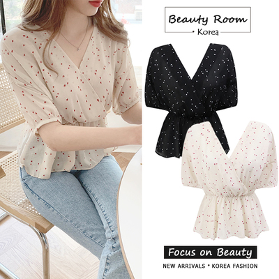 设计感小众束腰爱心印花雪纺衬衫女韩版轻熟百搭很仙的短袖上衣夏