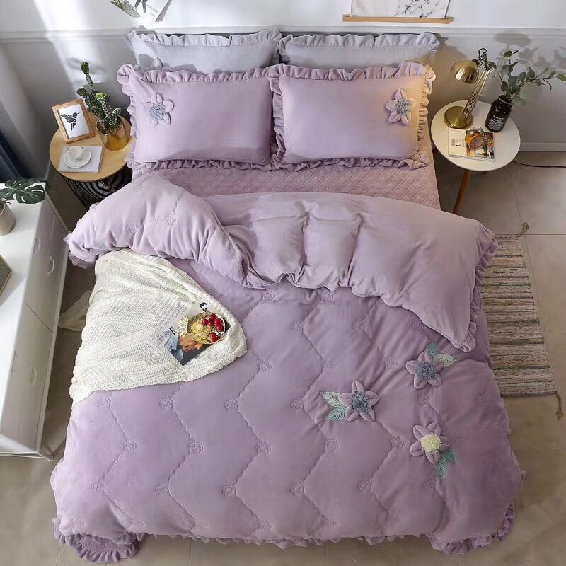 Korean Velvet Supersoft Short plush Two-sided thickening winter keep warm Quilting The flower sheet Quilt cover Four piece suitin the Bedclothes , Bedding Sets/Family of four/Multiple sets of category - from Buy2taobao.com to provide professional Taobao agent buy service