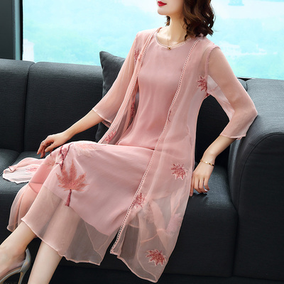 绣花真丝连衣裙长裙飘逸仙女两件套装春夏2018欧美修身宽松a字裙