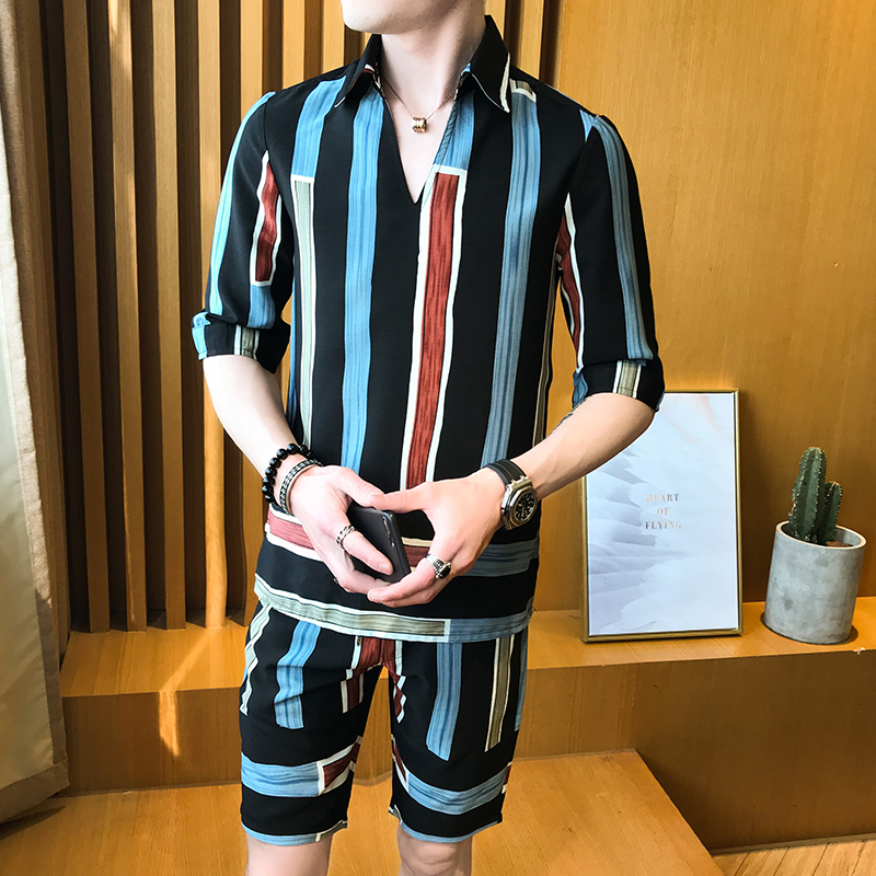 Chiffon Short sleeved Hair Stylist Chaopai suit Chinese style Borneol 2019 Elbow sleeve Korean Edition Trend Japan and South Korea Hip hopin the Men's clothing, Set , Leisure sports suit category - from Buy2taobao.com to provide professional Taobao agent buy service