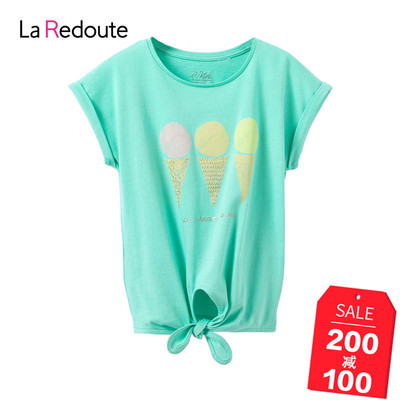 乐都特女童T恤夏季新款女童短袖纯色圆领印花系带纯棉T恤衫BZ919