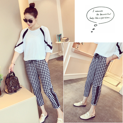 套装女夏2018新款韩版上衣配裤子两件套小清新网红格子时尚套装潮