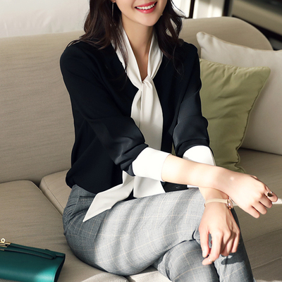 气质飘带雪纺衬衫女长袖2019春装新款洋气衬衣宽松显瘦蝴蝶结上衣