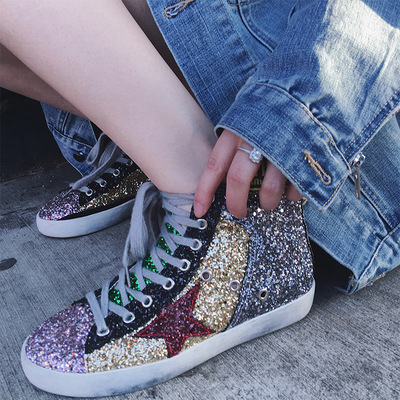 夫人CHINSTUDIO 圆头亮片做旧星星小脏鞋休