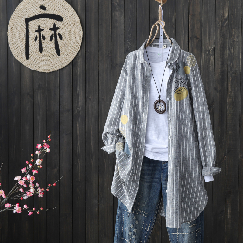 Original 2019 Spring new pattern Long sleeve Cotton and hemp jacket literature Retro Mosaic Easy Mid length version Vertical stripein the Women's clothing/Boutique , Shirt category - from Buy2taobao.com to provide professional Taobao agent buy service