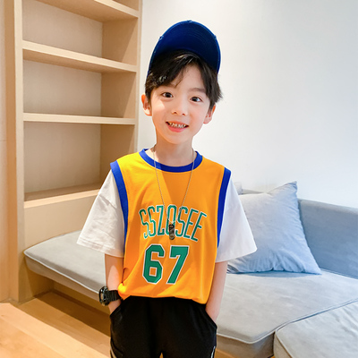 男童短袖夏装2020新款T恤韩版中大童运动假两件上衣儿童半袖潮薄