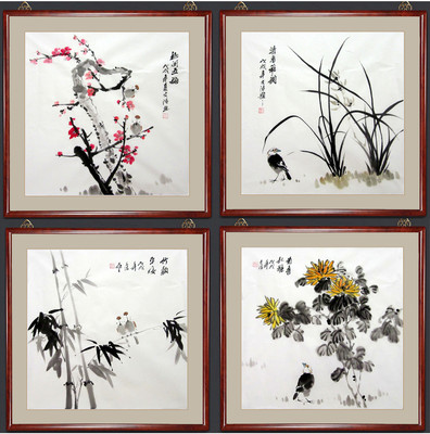 梅兰竹菊手绘国画禅意小品画文人画写意装饰画字画挂画四联画