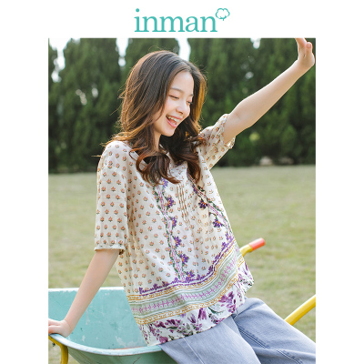 茵曼2019夏装新款亚麻棉圆领落肩中袖宽松文艺复古碎花衬衫上衣女