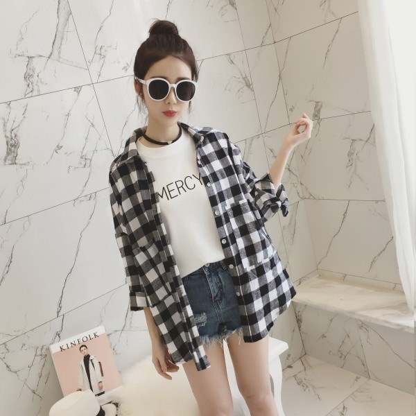 ,Korean Edition Mid length version Long sleeve Versatile shirt Thin section student Easy BF lattice coat Harajukuin the Women's clothing/Boutique , Shirt category - from Buy2taobao.com to provide professional Taobao agent buy service