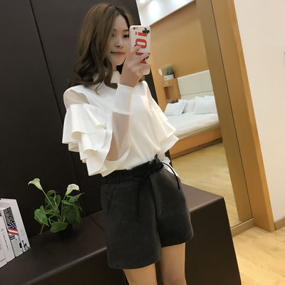 2017秋新款韩版荷叶边拼接网纱层层蛋糕袖纯色套头毛衣长袖针织衫