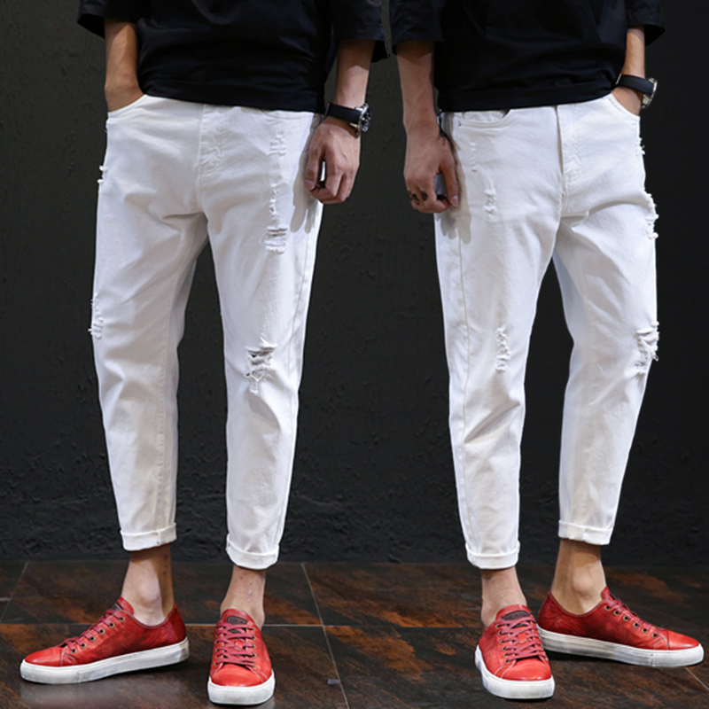 white Jeans hole Feet Ninth pants Spring Korean Edition Elasticity 9 trousers Easy Large Haren pantsin the Men's clothing, Jeans category - from Buy2taobao.com to provide professional Taobao agent buy service