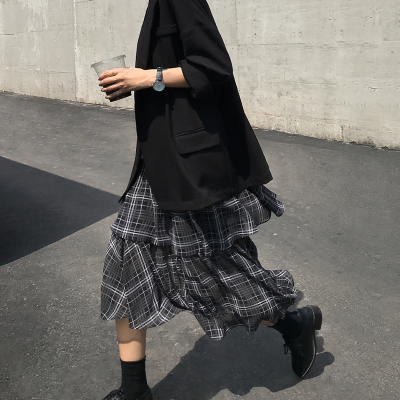 HAVERICE饭馆 网纱蛋糕裙 黑色高腰格子半身裙女春2019新款中长款