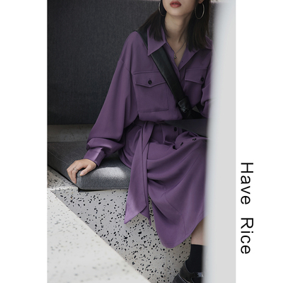 HAVERICE饭馆气质撩人连衣裙秋装新款中长衬衫裙收腰显瘦雪纺裙子