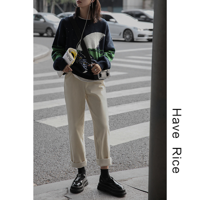 HAVERICE饭馆爆好裤型复古灯芯绒裤子女秋季宽松直筒裤条绒休闲裤