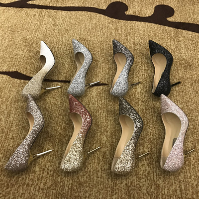 2018羊皮银色婚鞋女中跟新娘鞋婚纱高跟鞋宴会渐变亮片细跟尖头鞋