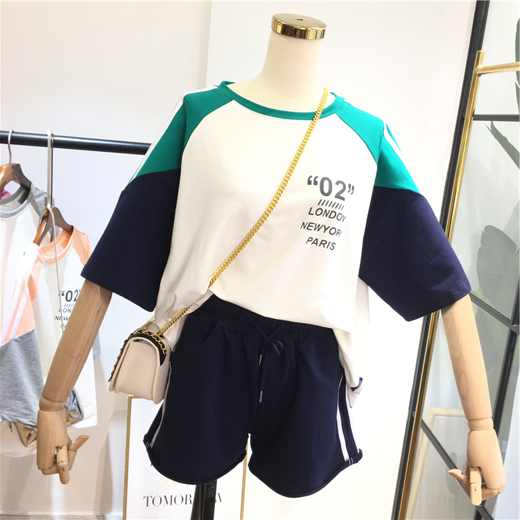 韩版学院风简约字母宽松拼接撞色短裤两件套短袖T恤女闺蜜套装潮在类目 女装/女士精品, 大码女装中 - 来自Buy2taobao.com提供专业的淘宝代购服务