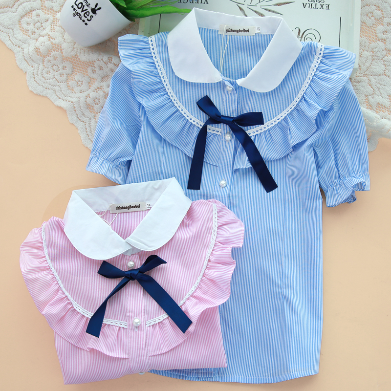 女童衬衫短袖 儿童纯棉条纹衬衣 童装女孩全棉白色演出服中大童D3在类目 童装/婴儿装/亲子装, 衬衫中 - 来自Buy2taobao.com提供专业的淘宝代购服务