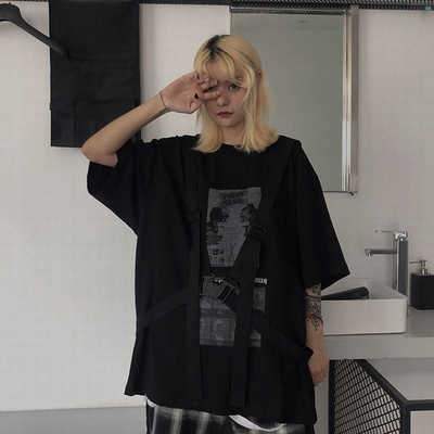 ins原宿bf风酷酷女装街头黑色帅气工装短袖T恤女夏宽松嘻哈上衣潮