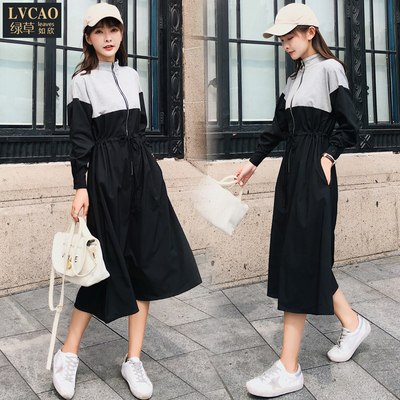 韩版宽松抽绳拼接卫衣裙过膝拉链小高领卫衣女中长款运动连衣裙潮