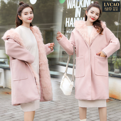 秋带帽韩版甜美纯色毛呢可拆卸毛领冬天外套女加厚夹棉中长款大衣