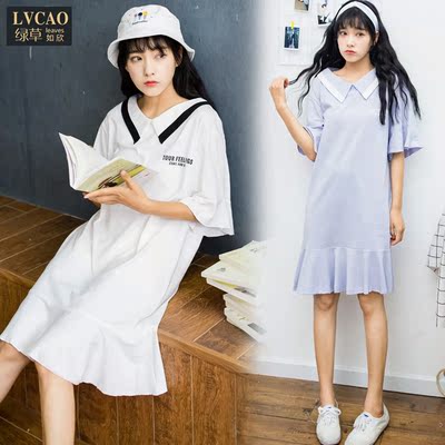 甜美学院风海军风拼色荷叶袖T恤裙大版t恤女宽松韩版中长款连衣裙