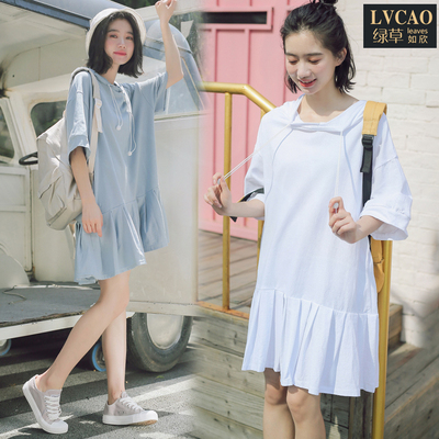 带帽学院风ins超火短袖宽松大t恤女bf风中长款t恤裙连衣裙鱼尾裙