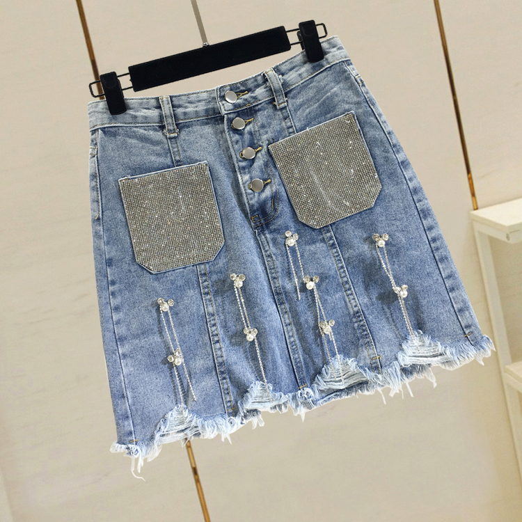 Denim skirt skirt 2019 new pattern Nail bead tassels Hot stamping Flash Net Red a word Paige Skirtin the Women's clothing/Boutique , Skirts category - from Buy2taobao.com to provide professional Taobao agent buy service