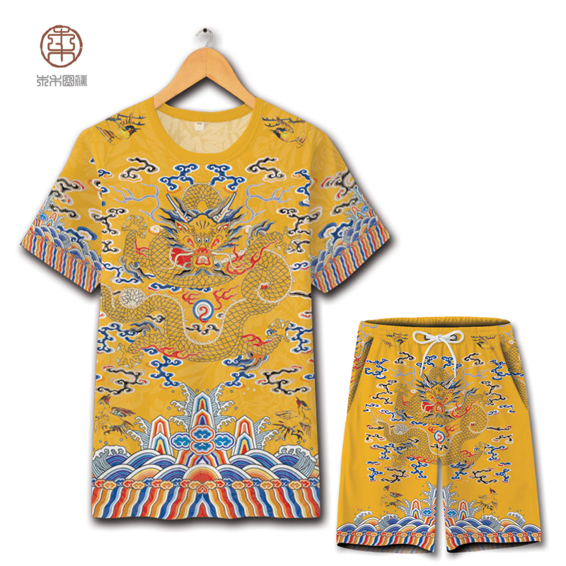 Chinese style Qing Emperor Robes suit ancient costume man Summer wear printing Short sleeved T-shirt Large Pantsin the Men's clothing, Set , Leisure sports suit category - from Buy2taobao.com to provide professional Taobao agent buy service