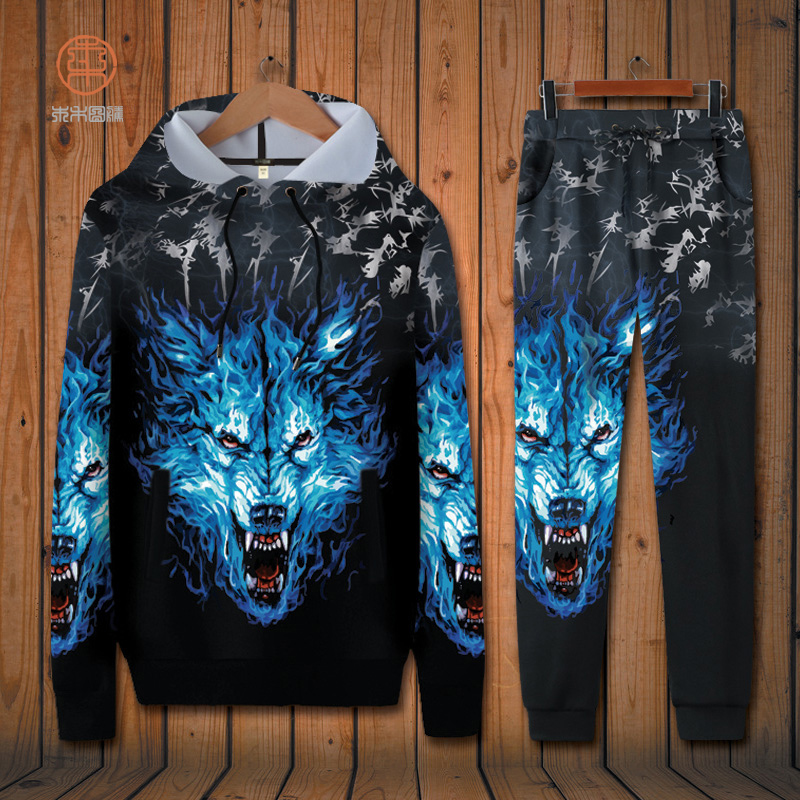 Rock wolf head 3D printing spring and autumn Cap Sweater coat leisure time motion Two suit Easy Large Trendin the Men's clothing, Set , Leisure sports suit category - from Buy2taobao.com to provide professional Taobao agent buy service