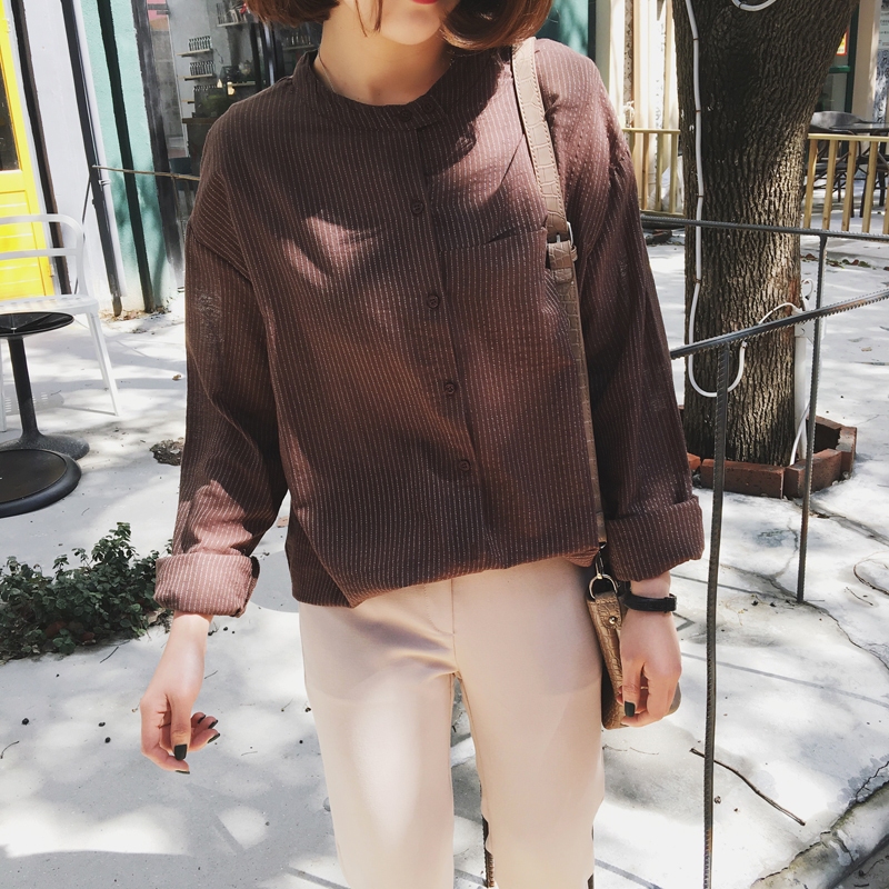A7seven 2017春装韩版新款宽松竖条纹棉麻衬衫女长袖立领打底衬衣