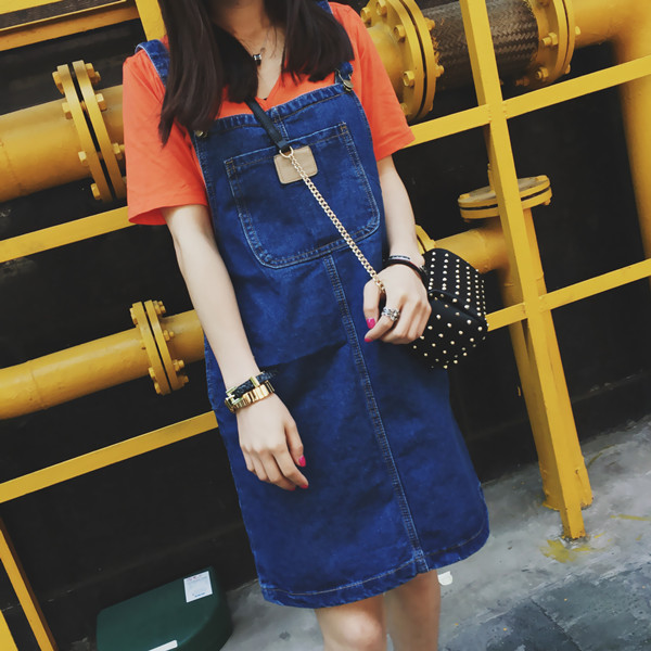 2017 Korean Edition new pattern College wind pocket Denim strap dress Easy Mid length version camisole Frockin the Women's clothing/Boutique , Skirts category - from Buy2taobao.com to provide professional Taobao agent buy service